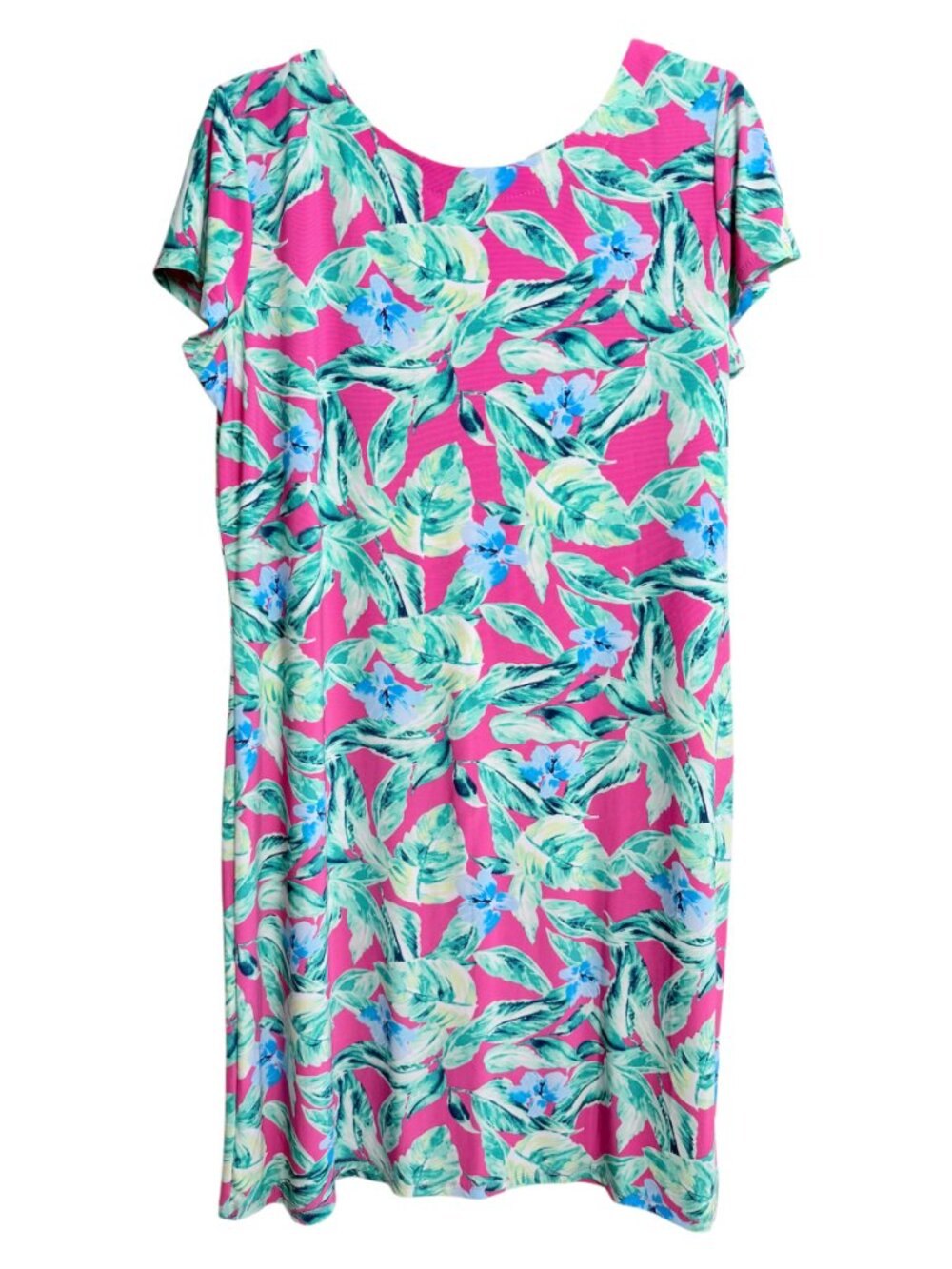 Cappagallo Hot Pink Tropical Leaf Floral Print Shift T-Shirt Dress L